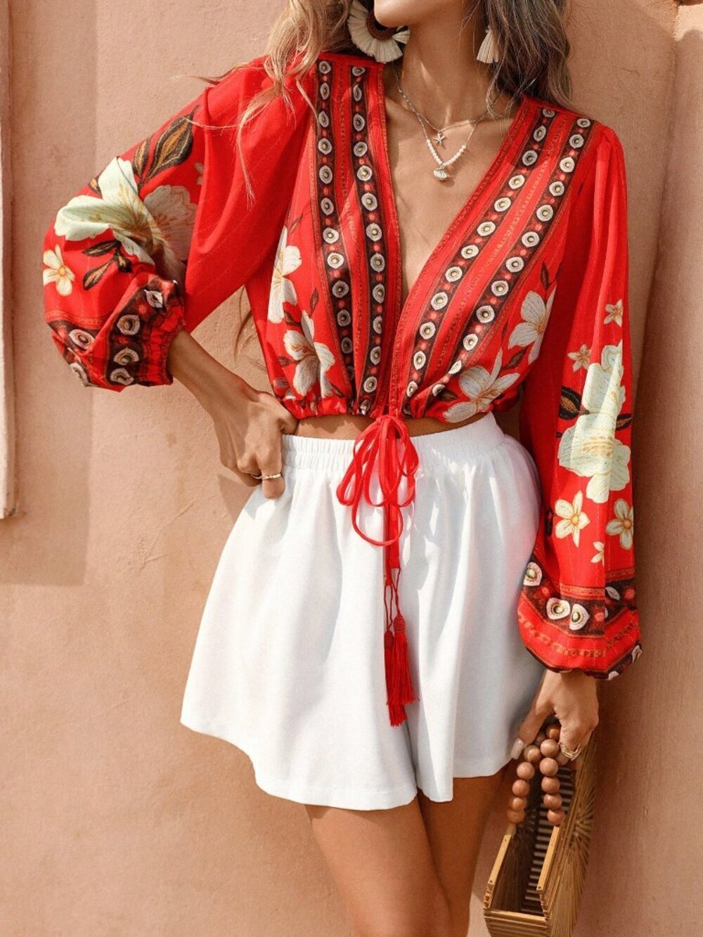 Red Boho Women's Casual V-Neck Sleeve Floral Print Tassel Top & Shorts Set